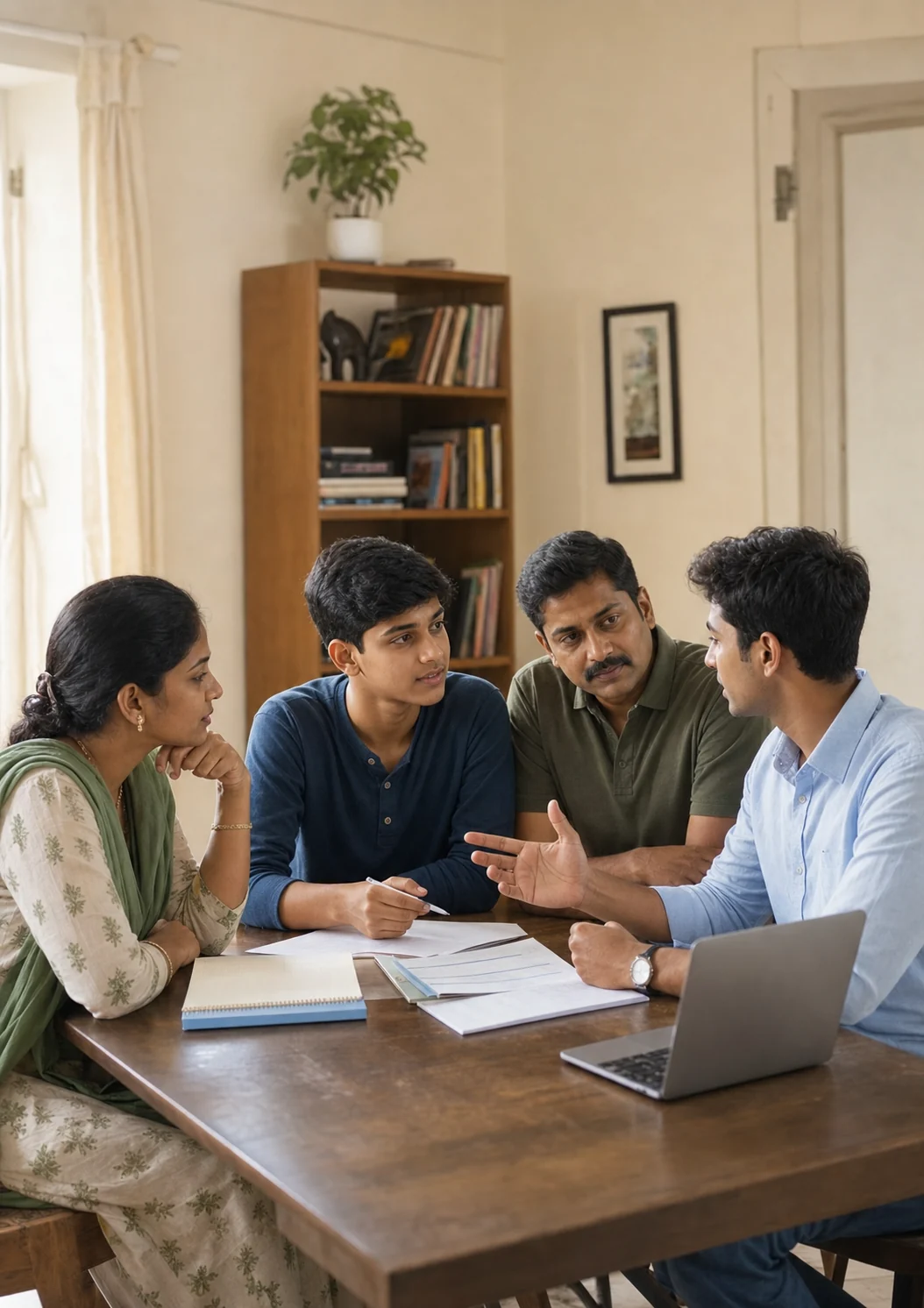 An Indian secondary-school student discussing educational choices with their parents and a supportive adviser